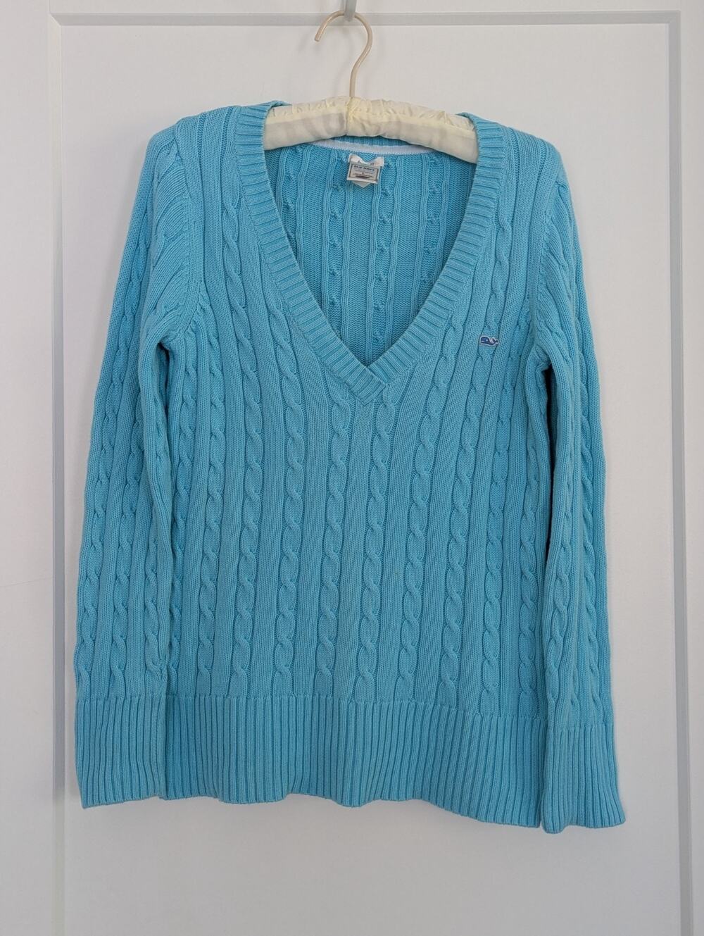 Old Navy Women's L Turquoise Blue Cable Knit V-neck Sweater Whale Logo Preppy